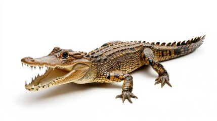 Naklejka premium Crocodile frozen in a threatening pose, mouth wide open, emphasizing the power of its jaw and detailed skin patterns, isolated on a white backdrop