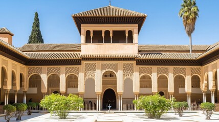 Ornate courtyard with arches, a fountain, and lush greenery.