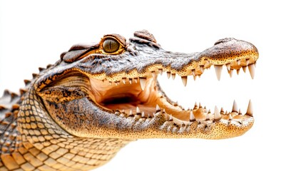 Obraz premium Crocodile in attack mode, mouth fully open, aggressive stance, texture-rich scales and teeth on display, isolated against a stark white background