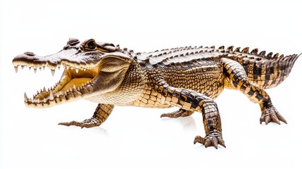 Fototapeta premium Crocodile in attack mode, mouth fully open, aggressive stance, texture-rich scales and teeth on display, isolated against a stark white background