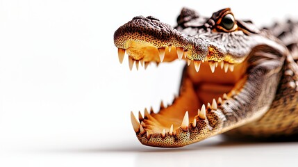 Naklejka premium Crocodile in mid-roar, mouth wide open, detailed scales and sharp teeth, isolated on a clean white background, intense natural lighting, wildlife photography style