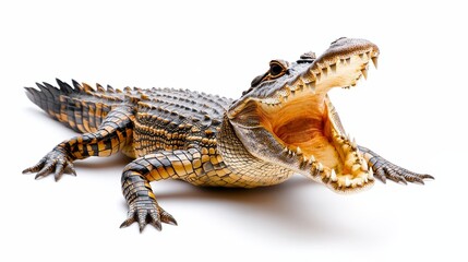 Naklejka premium Crocodile in mid-roar, mouth wide open, detailed scales and sharp teeth, isolated on a clean white background, intense natural lighting, wildlife photography style