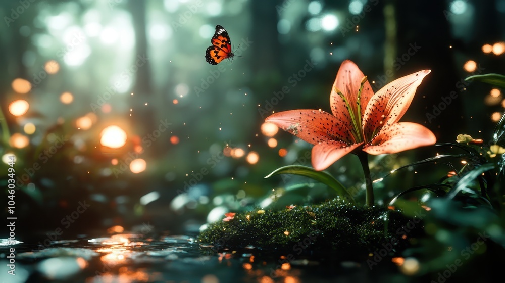 Wall mural a vivid orange butterfly flutters near a speckled orange lily, surrounded by magical floating lights