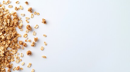 Crunchy granola with scattered oats and nuts on a clean white surface, detailed textures in sharp focus, granola close-up, healthy lifestyle visual