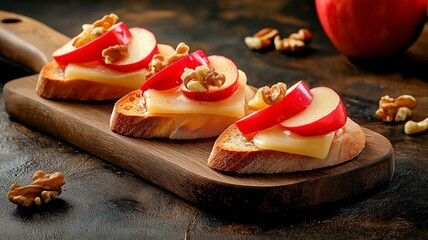 Three apple, cheese and walnut topped toasts on wooden board.