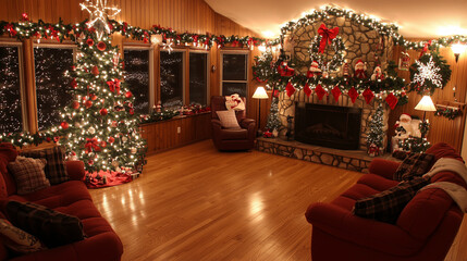 Cozy Christmas living room with fireplace and decorated tree..