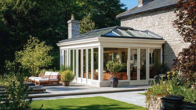 Modern sunroom addition to home. Perfect for showcasing home improvement or architectural design projects.