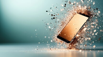 A modern smartphone appears to disintegrate into digital particles, set against a vibrant gradient background, symbolizing innovation and digital transformation.