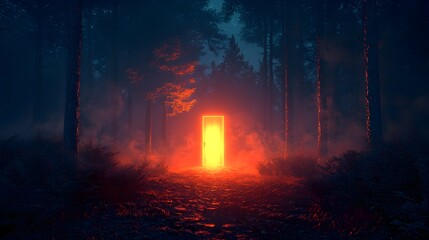 Silhouettes of trees in a dark forest, an open door glowing faintly in the distance, moonlight illuminating the scene, Psychedelic, Soft glow, Dreamlike atmosphere