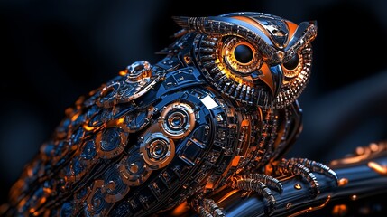 Naklejka premium A metallic owl with intricate gears and glowing eyes.