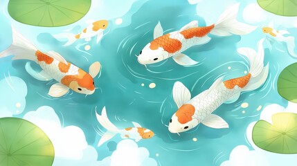 Naklejka premium Four koi fish swimming in a pond with green lily pads.