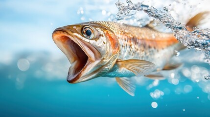 A lively fish leaps out of the water, mouth agape, showcasing its shiny scales against a vibrant blue backdrop, capturing a moment of action and nature’s beauty.