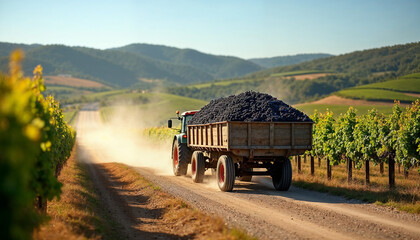 A tractor trailer loaded with grapes travels along a scenic vineyard road, highlighting abundance.

