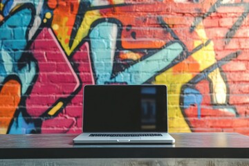 A modern laptop sits on a wooden desk against a colorful graffiti backdrop, perfect for creativity and focused work sessions. Generative AI