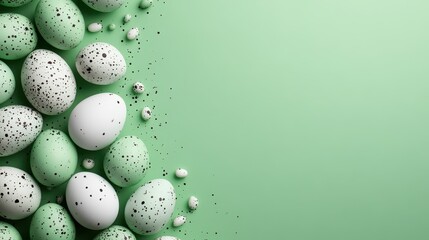A collection of intricately speckled eggs is artistically scattered across a vibrant mint green backdrop, creating a fresh and eye-catching composition.