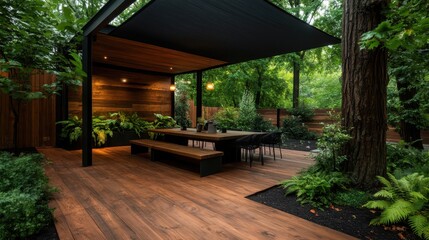 This image showcases a modern outdoor dining area with wooden furniture and a canopy, surrounded by dense greenery, ideal for a serene outdoor experience.