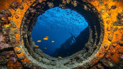 Looking out from a porthole of a sunken ship in the ocean, with a school of fish and the ship's bow in the background.