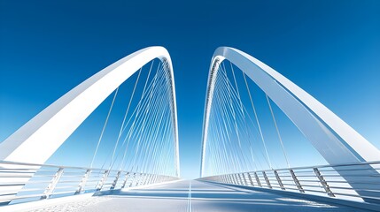 Obraz premium Steel-frame bridge shot at a low angle, bold shadows and brilliant blue sky backdrop, highlighting modern civil engineering achievements and design