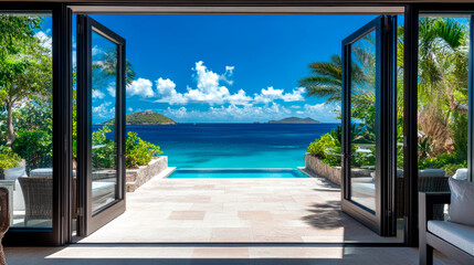 Fototapeta premium Luxury oceanfront villa with open glass doors leading to private beach
