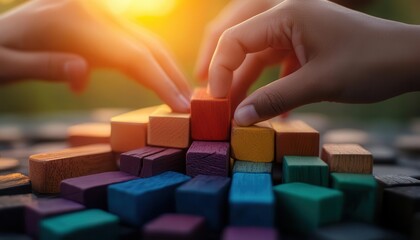 Naklejka premium Team building exercise, vibrant colors, collaborative setting, dynamic action, inviting