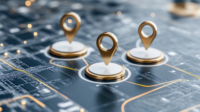 Map pins are positioned across a city skyline with a white area for text, showcasing technology in urban navigation