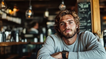 A man with blonde hair and a casual grey sweater gazes thoughtfully in a warmly lit, modern cafe interior, surrounded by blurred patrons and ambient lighting.