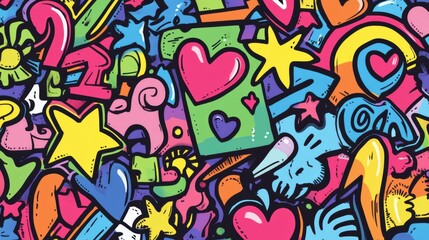 This artwork features an explosion of colors with various doodles, including stars, hearts, arrows, and flowers, designed for visual appeal. Generative AI