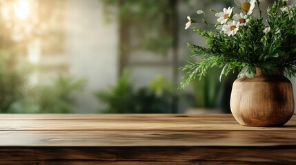 The wooden vase filled with fresh daisies on a rustic wooden table suggests a calm, peaceful atmosphere, evoking simplicity and natural beauty in an earthy setting.