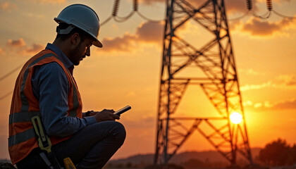 Engineer inspects electrical pylon at sunset
