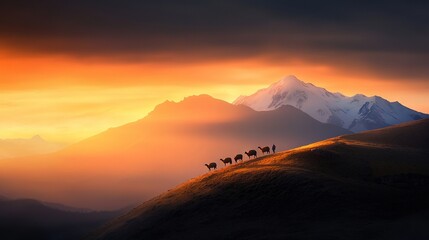 Obraz premium A group of animals perched atop a hill, shrouded by clouds as a majestic mountain range loomed behind them