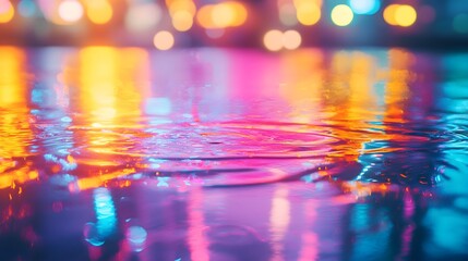 Rainbow oil reflection close-up, shimmering under urban neon lights, intense industrial aesthetic, high detail liquid texture, dynamic lighting