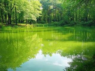Calm green lake with reflections trees and a peaceful atmosphere