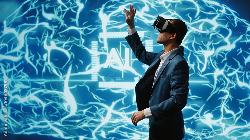 Poster system administrator wearing vr headset looking at hologram of artificial intelligence human brain s