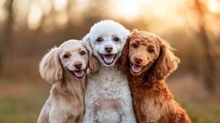 The image captures three cheerful poodles standing close together in a golden sunset, radiating warmth and joy. Their fur shines in the soft evening light.