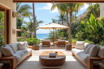 Fototapeta premium A modern patio with white couches and a wooden coffee table. Perfect for showcasing the luxury of a tropical resort.