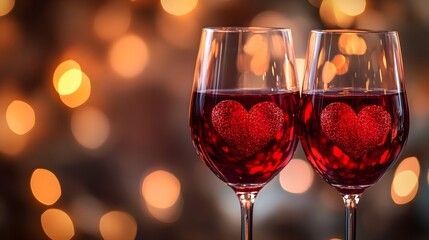 Red wine glasses with shimmering heart-shaped reflections, set against a golden festive bokeh background in an urban night scene, ideal for a love-filled celebration