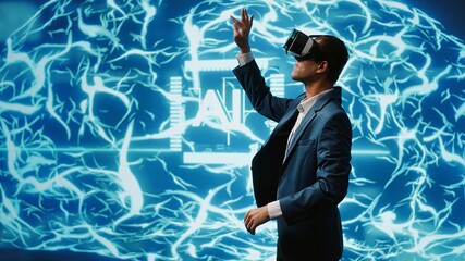 System administrator wearing VR headset looking at hologram of artificial intelligence human brain...