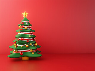 3D Cartoon Christmas Tree on Red Background