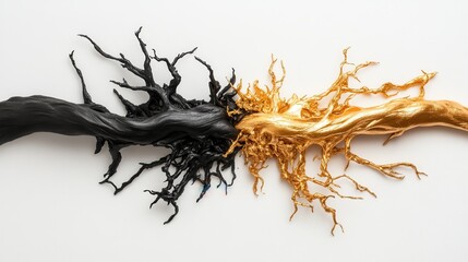 Obraz premium Intricate black and gold roots intertwine dramatically against a white backdrop, symbolizing unity and conflict in a modern abstract art style.