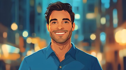 Fototapeta premium Smiling cartoon man, blue shirt, dynamic urban night setting, warm and welcoming expression, soft light background for contrast