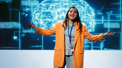 Speaker talking with world leading technology experts and innovators meeting at event to do deep dive into artificial intelligence technology. Expert showcasing latest innovations in AI, camera A