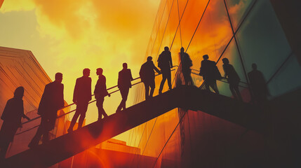 Fototapeta premium Group of business people silhouettes in modern office building and business network concept. Human resources with pastel innovation charts and graphs with statistics to analyze business