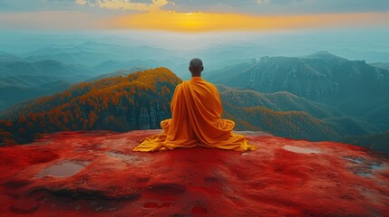 Fototapeta premium Meditative Monk at Sunset Over Mountains