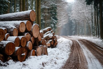 Stacked logs in snowy forest. A snowy, rural path leads through the winter forest, with a pile of freshly cut logs stacked along the side.