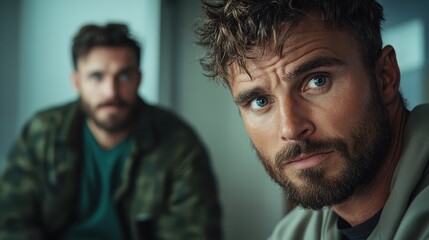 Obraz premium A bearded man stares intently at the camera, with another man in camo blurred in the background, creating a portrait highlighting focus and mystery.