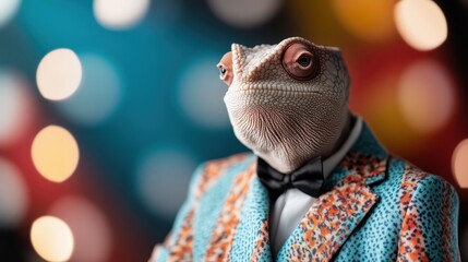 Naklejka premium An intriguingly styled image of a lizard adorned in an elegant suit with a distinct patterned bow tie, set against a backdrop of blurred whimsical lights.