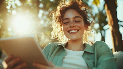 A smiling woman enjoys the sunshine, holding a digital tablet outdoors, with vibrant green leaves in the background and radiant sun highlighting her joyful expression.