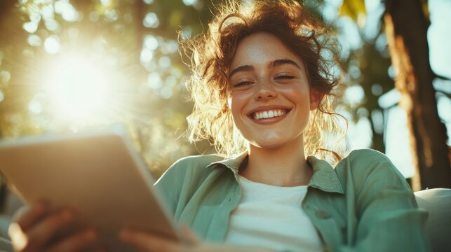 A smiling woman enjoys the sunshine, holding a digital tablet outdoors, with vibrant green leaves in the background and radiant sun highlighting her joyful expression.
