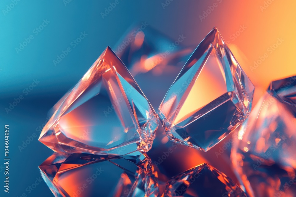 Leinwandbilder glowing geometric crystals with icy textures reflect vibrant colors against a tranquil blue backdrop