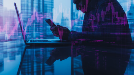 Businessman using smartphone and laptop to view innovation reports, digital graphs, analyze market changes and investments during holidays.